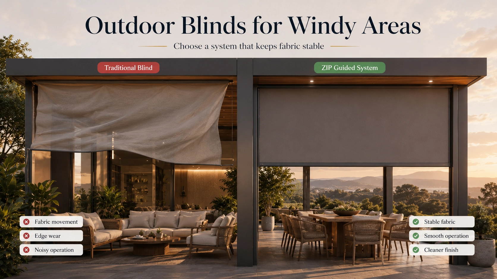 ZIP guided outdoor blinds improve fabric stability in windy outdoor areas